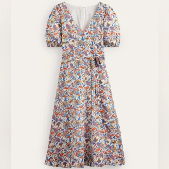 Boden Linen Blend Midi Dress Puff Sleeve A-Line Floral Boho Print V-Neck Size 14 - Picture 2 of 16
